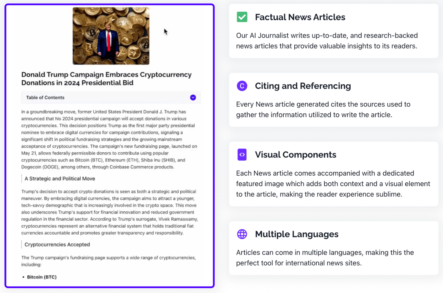 Features for sample News Article Generated with AI