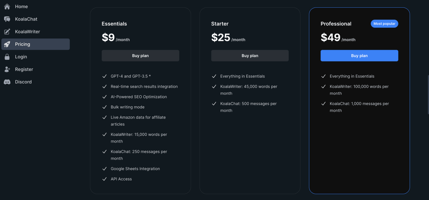 Koala.sh Pricing