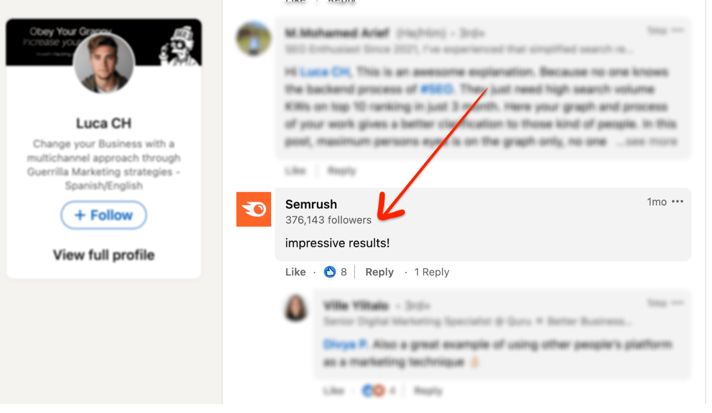 SEMrush Congratulating Luca on his Results with AI SEO