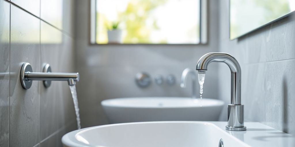 Modern bathroom with water-saving plumbing fixtures and faucet.