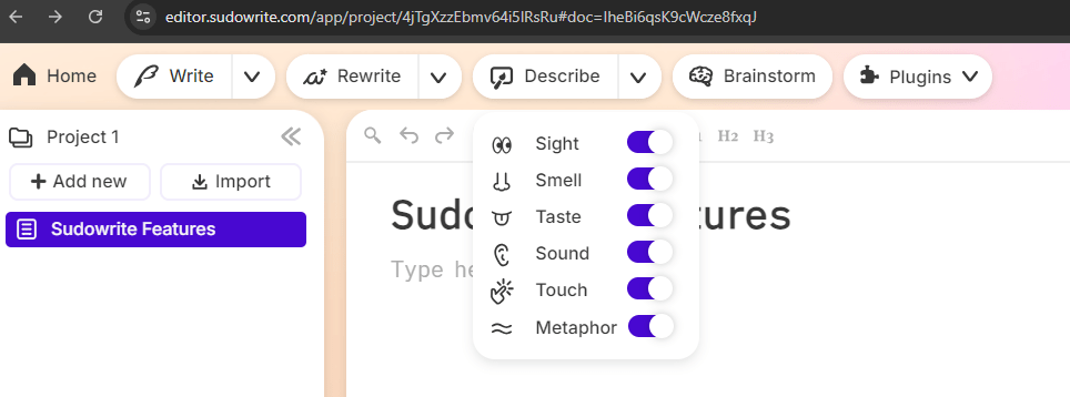 Describe Feature Sudowrite - Sudowrite Alternative