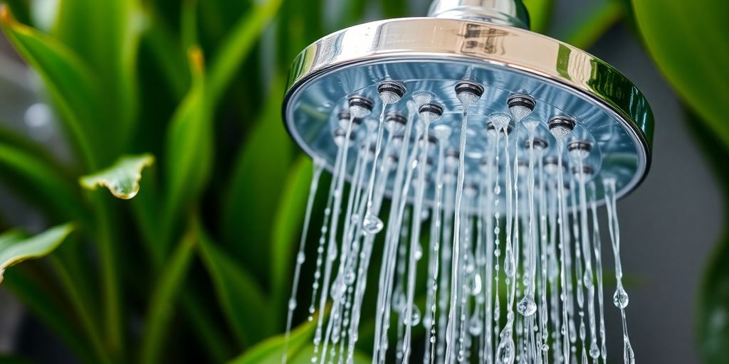 Water-saving showerhead with green plants and droplets.