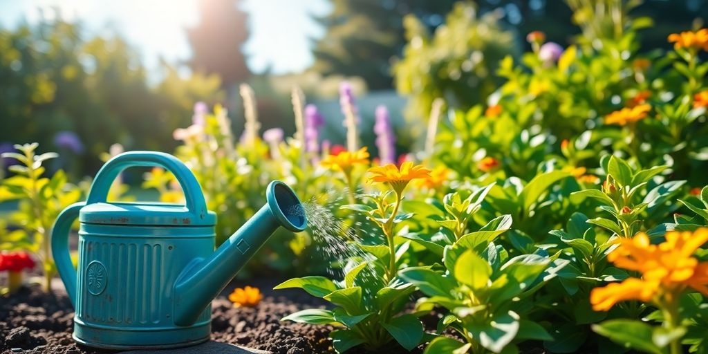 Garden with watering can and lush plants for conservation.